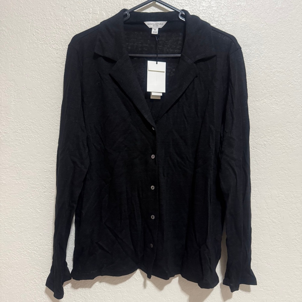 Banana Republic 100% Linen Shirt Black Button Down Notch Collar 711559-00-1 M